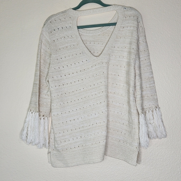 Nic+Zoe Cream Open Knit Fringe Crew Neck Sweater XL - Picture 2 of 5